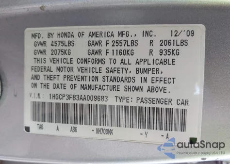 2010 Honda Accord 3.5 Ex-L z USA, uszkodzony, nr VIN 1HGCP3F83AA009683